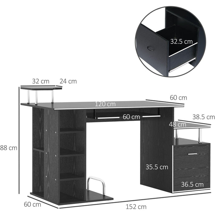 Computer Desk with Drawer, Shelves, CPU Rack, Black