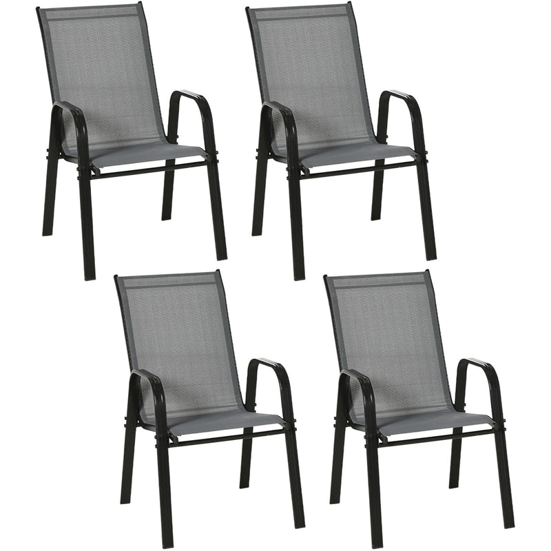 Outsunny Set of 4 Garden Dining Chair Set Stackable Outdoor Patio Furniture Set with Backrest and Armrest, Dark Grey Outsunny