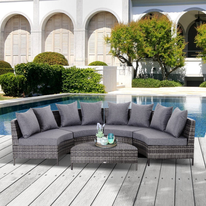 4 Seater Half Moon Rattan Sofa & Table Set, Grey