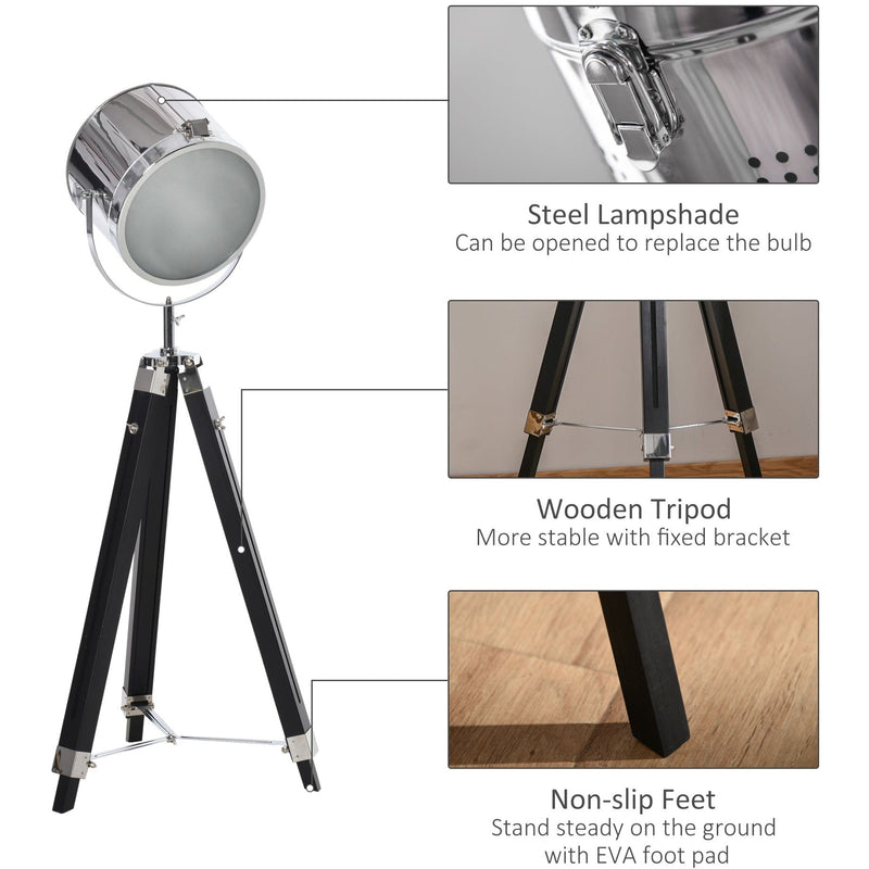 Black Tripod Floor Lamp with Wooden Legs & Steel Shade