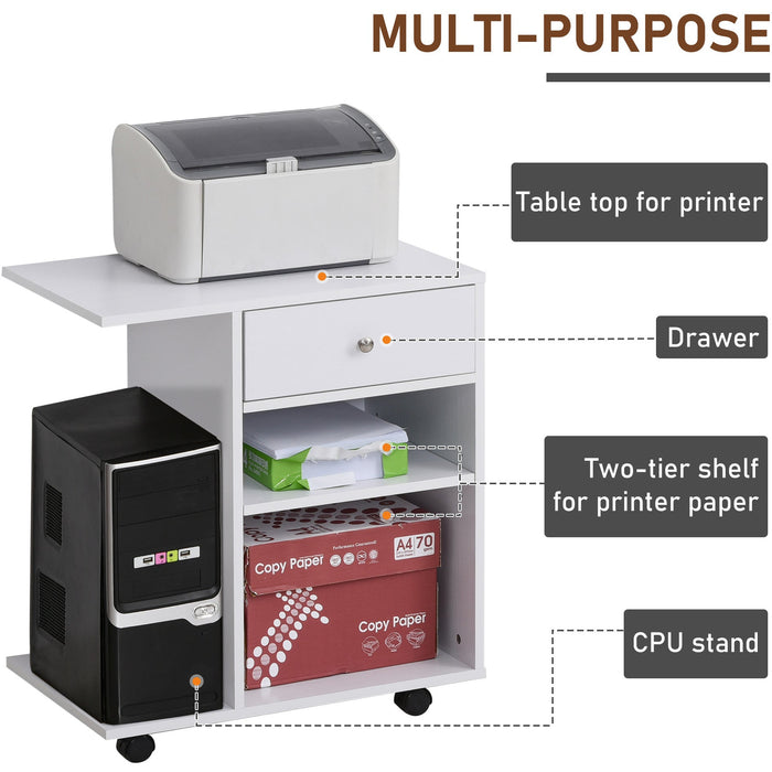 White Mobile Printer Cart with CPU Stand & Drawer