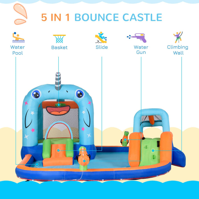 5-in-1 Narwhal Style Kids Bouncy Castle Water Park, Ages 3-8