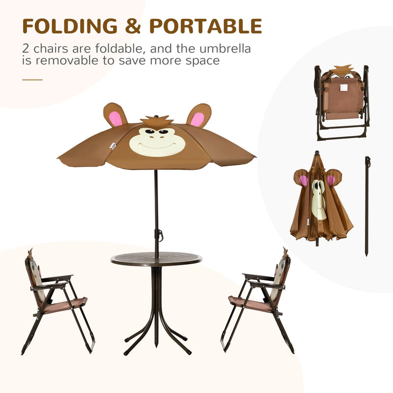 Outsunny Kids Picnic & Table Chair set, Outdoor Folding Garden Furniture w/ Monkey Design, Removable, Adjustable Sun Umbrella, Ages 3-6 Years - Brown Outsunny