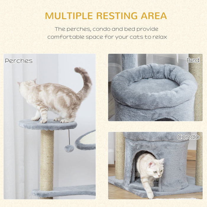 Cat Tree Tower, Scratch Post, Condo Bed, Perch Ball, Grey