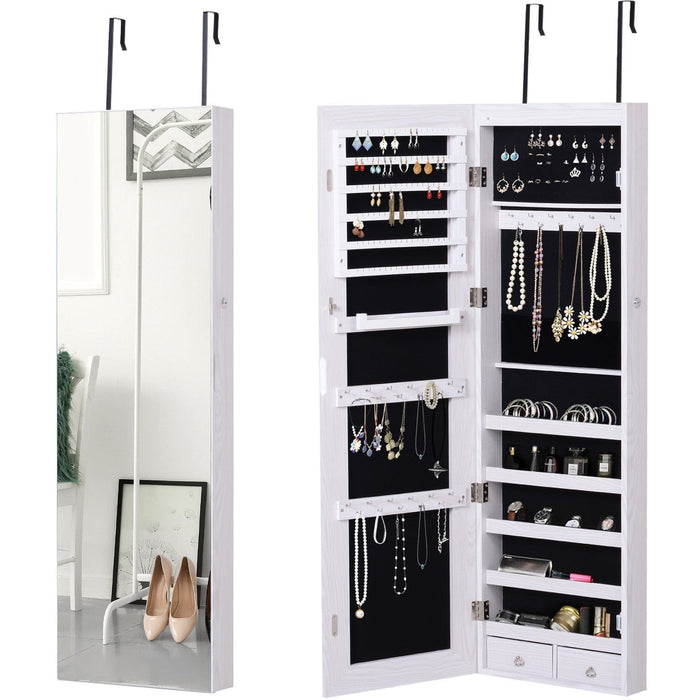 Mirrored Jewelry Cabinet, Door/Wall Mount, LED Lights, Lockable