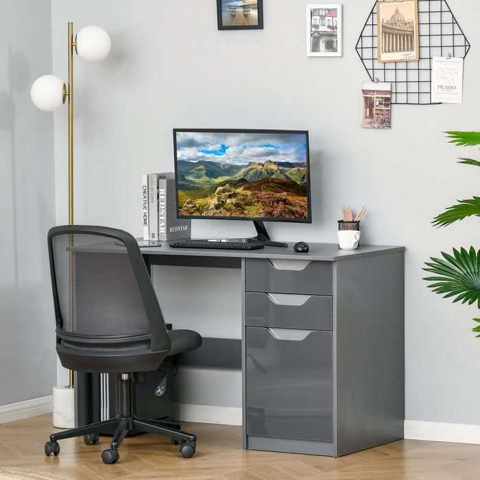 High Gloss Desk With Drawers, Storage Cabinet, Grey