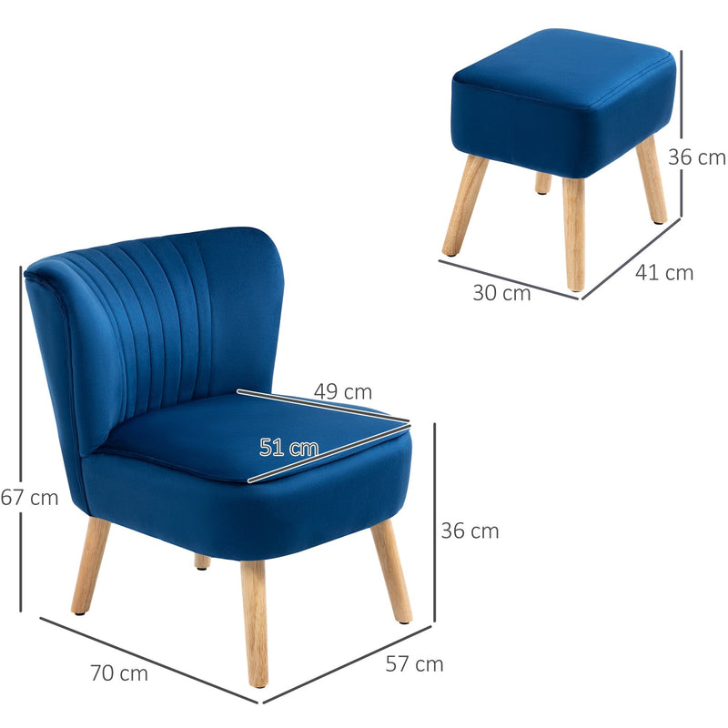 Contemorary Blue Velvet Accent Chair With Footstool