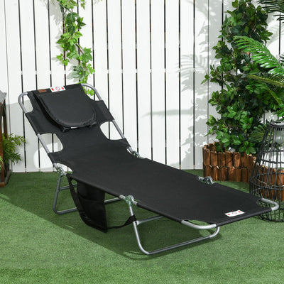 Outsunny Foldable Sun Lounger, Beach Chaise Lounge with Reading Hole, Arm Slots, 5-Position Adjustable Backrest, Side Pocket, Pillow for Patio Black Outsunny