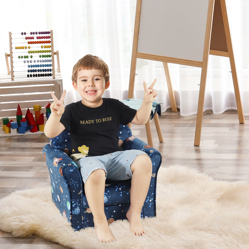 Kids' Blue Planet-Themed Armchair with Wooden Frame
