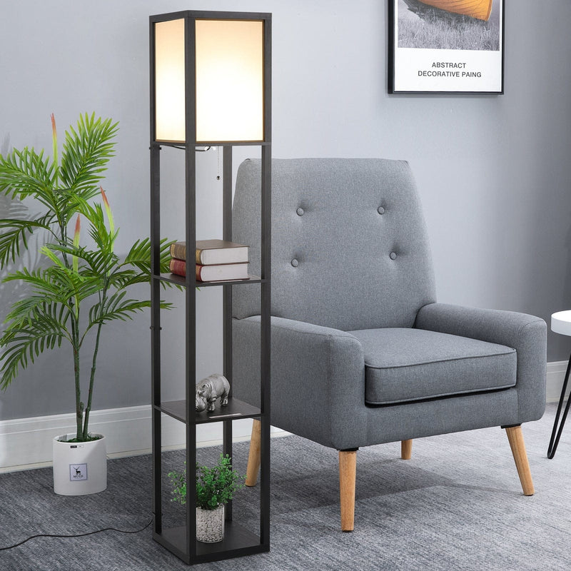 Wooden Floor Lamp With Shelves, Black