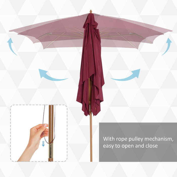 3m x 2m Wooden Garden Parasol - Wine Red