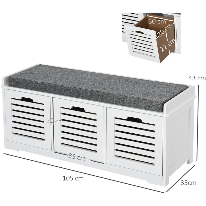 Shoe Storage Bench With Cushion and Drawers - White/Grey