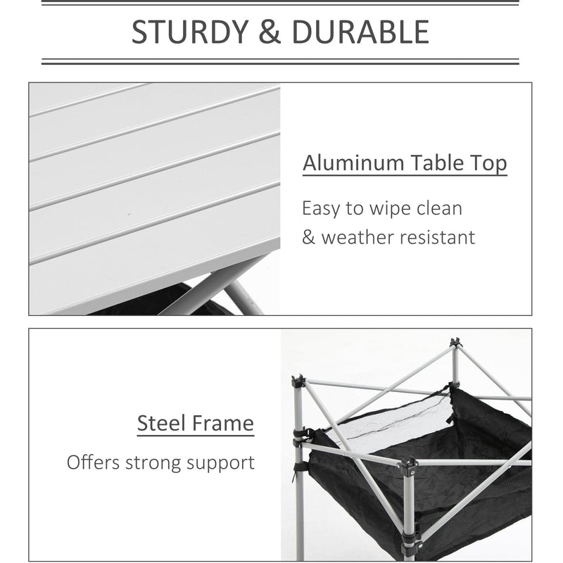Outsunny Aluminum Roll-Top Table w/ Mesh Bag Camping Outdoor Dining Foldable w/ Steel Frame Picnic Lightweight Hiking Furniture Desk, Silver Black Outsunny