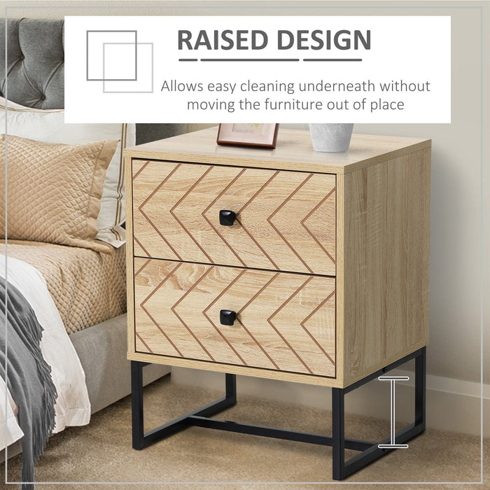 2 Drawer Nightstand, Zig Zag Design With Black Metal Handles