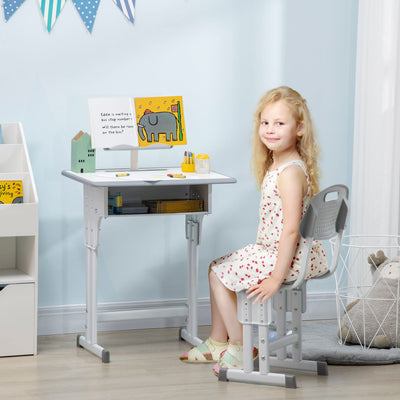 Kids Desk & Chair Set with Storage & Book Stand, Grey Homcom