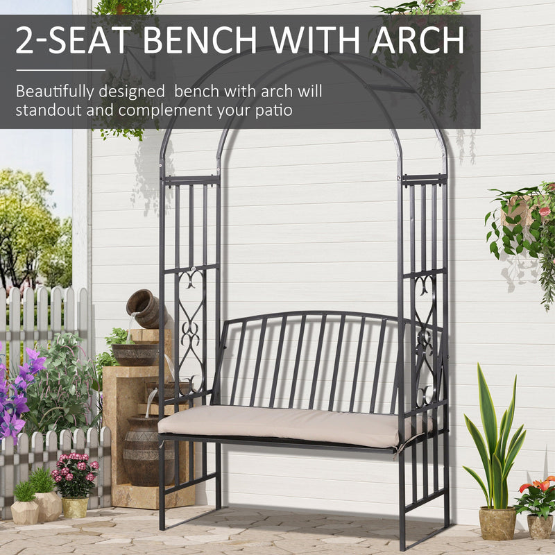 Metal Arch Garden Bench with Cushion, 114x60x206cm, Black Outsunny