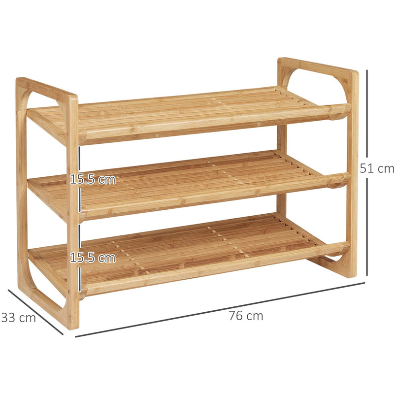 Bamboo 3-Tier Shoe Rack: Slatted, Holds 9 Pairs