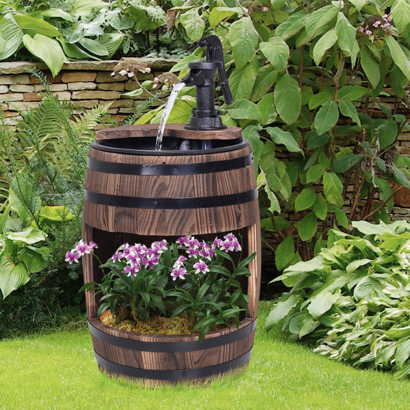 Outsunny Wood Barrel Patio Water Fountain Electric Pump Garden Decorative Ornament with Flower Planter Decor Outsunny