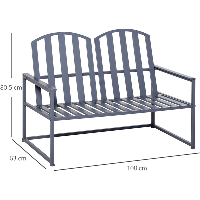 Outsunny Garden Bench Loveseat 2 Seat Chair for Outdoor Park, Yard, Steel Frame, Decorative Slatted Design, Grey Outsunny