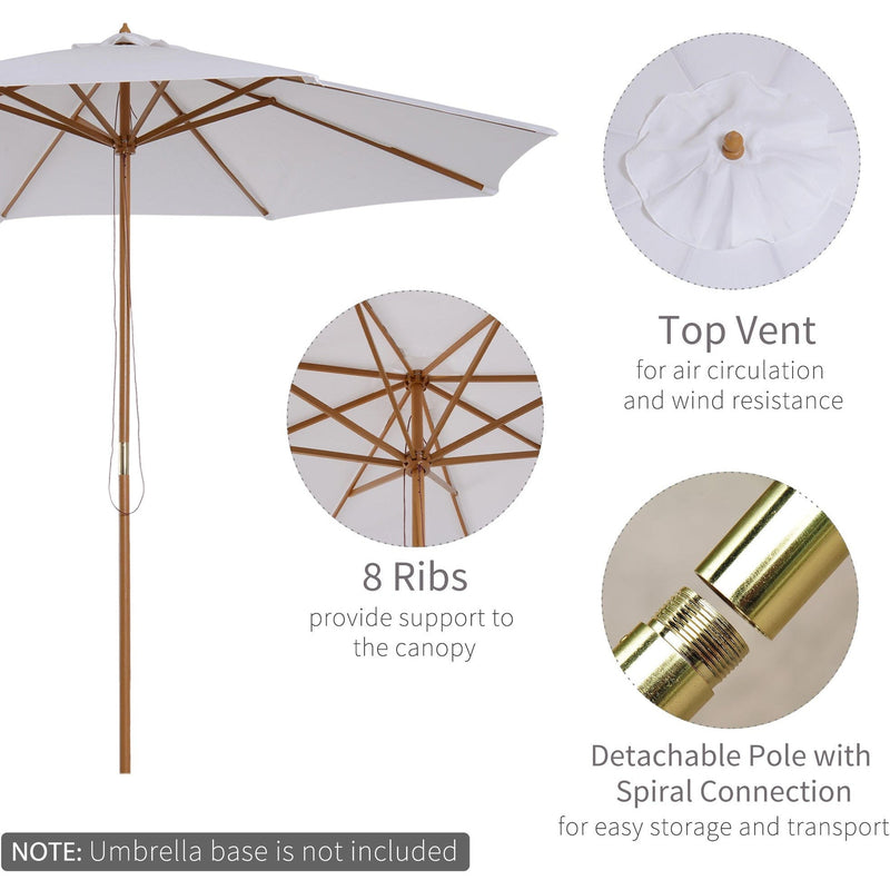 3m Wooden Parasol - Cream White, 8 Ribs
