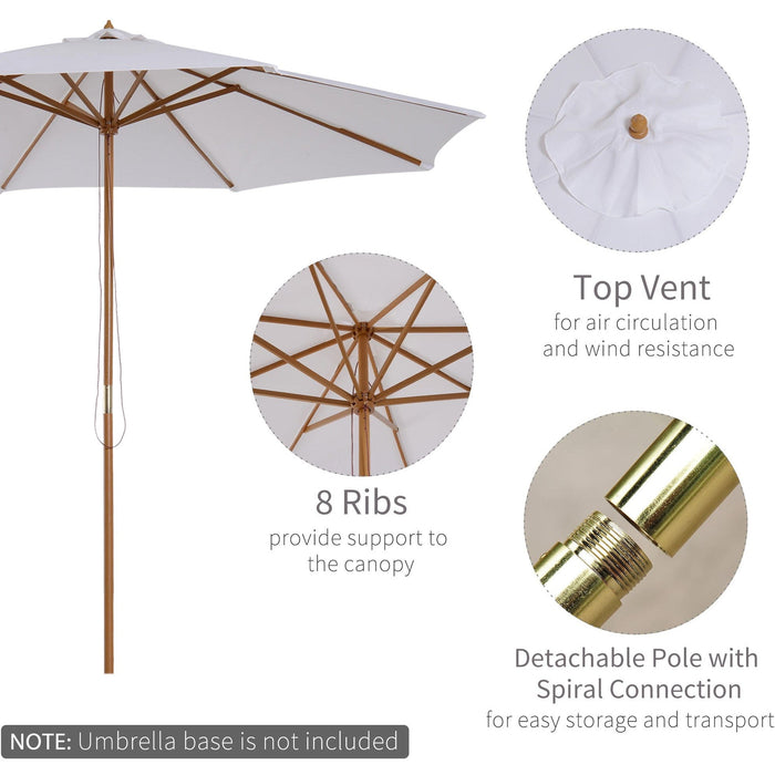 3m Wooden Parasol - Cream White, 8 Ribs