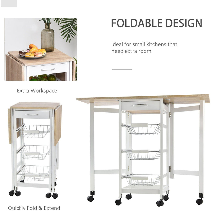 Kitchen Trolley on Wheels, Drop Leaf, 3 Baskets, White Oak