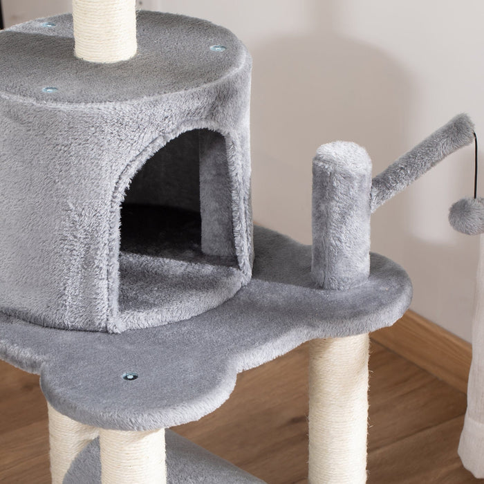 Cat Tree Tower, Jute Post, Bed Tunnel, Hanging Balls, Grey