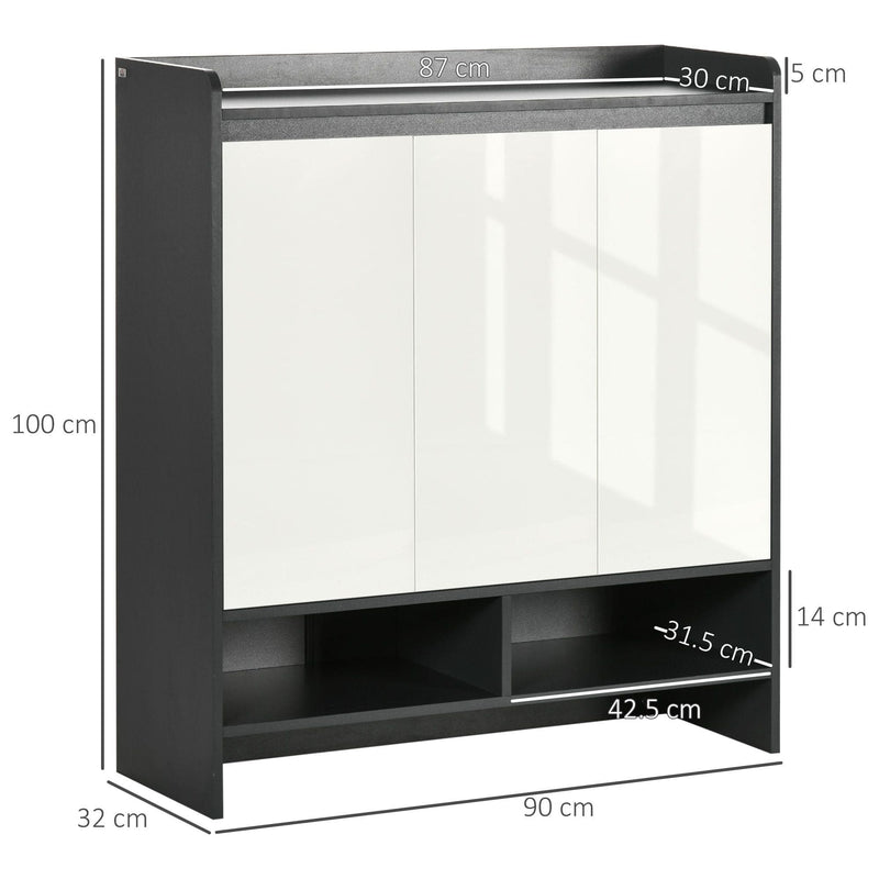 HOMCOM High Gloss Shoe Cabinet with White Doors and Open Shelves, Hallway Shoe Cupboard Storage Organizer for 24 Pairs of Shoes, Grey