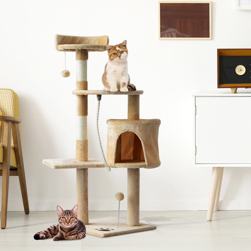 "114cm Beige Cat Tree: Sturdy House for Climbing and Play"