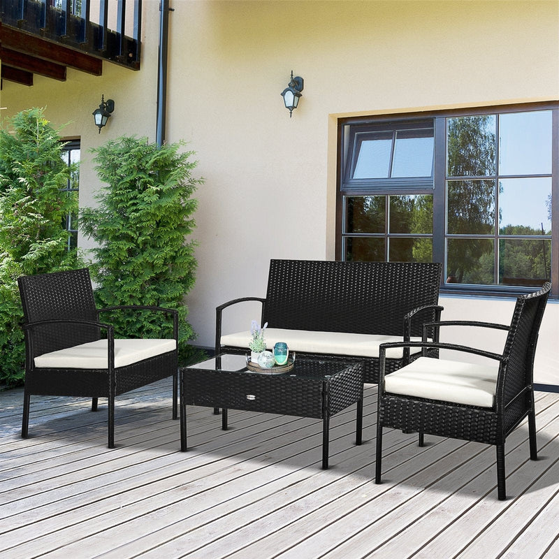 Garden Furniture Sofa and Table, 4 Seater Black Rattan