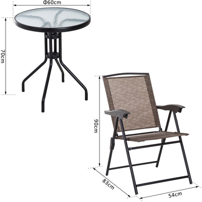 Folding Patio Bistro Set, 2 Folding Chairs, Glass Table, Brown Outsunny