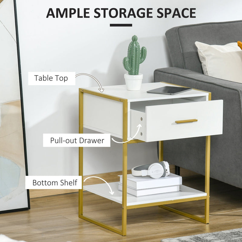 Modern Bedside Table With Drawer, White and Gold