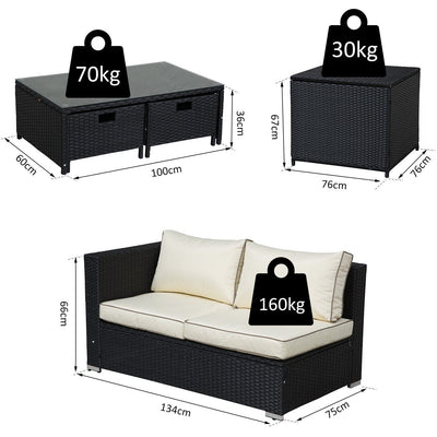 4 Seater Rattan Sofa Set with Storage Table & Cushions Outsunny
