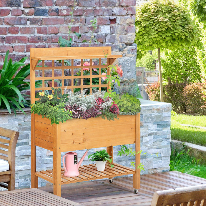 Raised Wooden Planter With Trellis, 2 Shelves