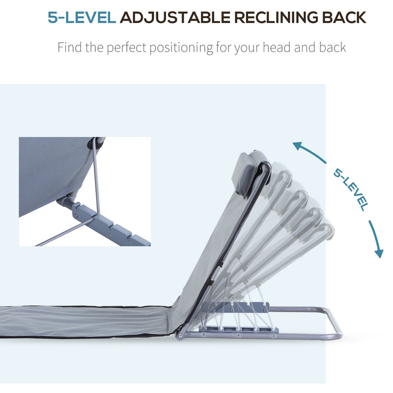 Outsunny Set of 2 Foldable Garden Beach Chair Mat Lightweight Outdoor Sun Lounger Seats Adjustable Back Metal Frame PE Fabric Head Pillow, Grey Outsunny