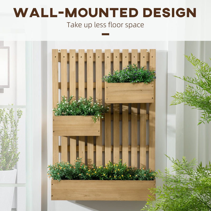 Outsunny Wall-mounted Wooden Garden Planters with Trellis, Drainage Holes and 3 Movable Planter Boxes, Wall Raised Garden Bed for Patio, Natural Outsunny