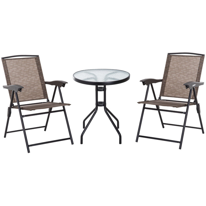 Folding Patio Bistro Set, 2 Folding Chairs, Glass Table, Brown