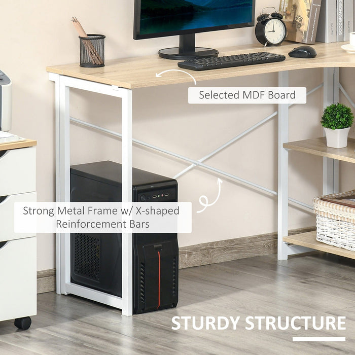 Folding L Shaped Desk, 2 Shelves, Oak Tone for Home Office