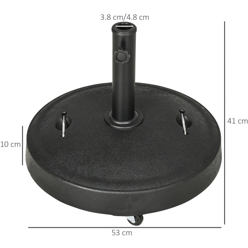 Outsunny Resin Garden Parasol Base with Wheels and Retractable Handles, Round Outdoor Market Umbrella Stand Weight for Poles of Φ38 - Φ48mm, Black Outsunny