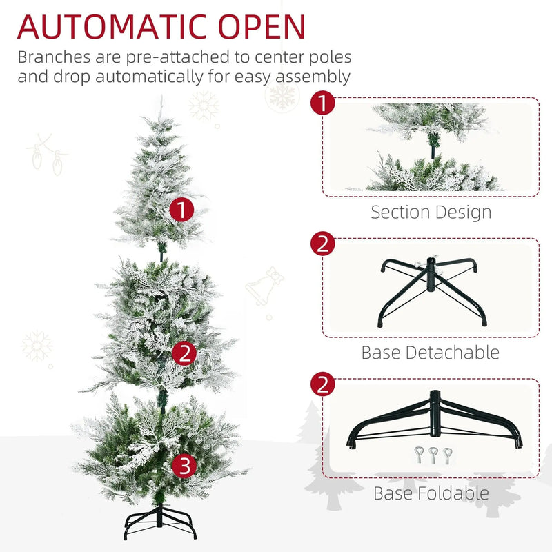 6ft Snow Flocked Artificial Pencil Christmas Tree with Realistic Cypress Branches - Green, Auto Open AOSOM