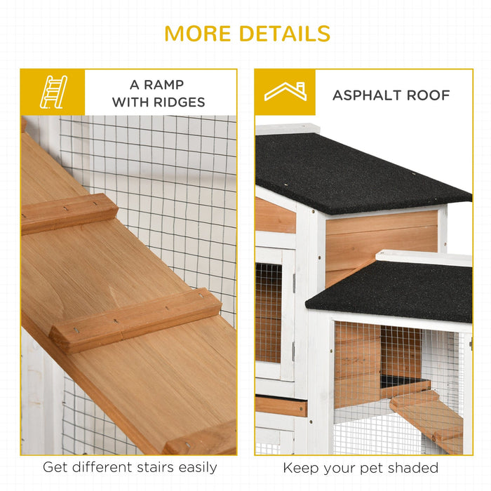 PawHut Mobile Rabbit Hutch with Ramp Wooden Two-Tier