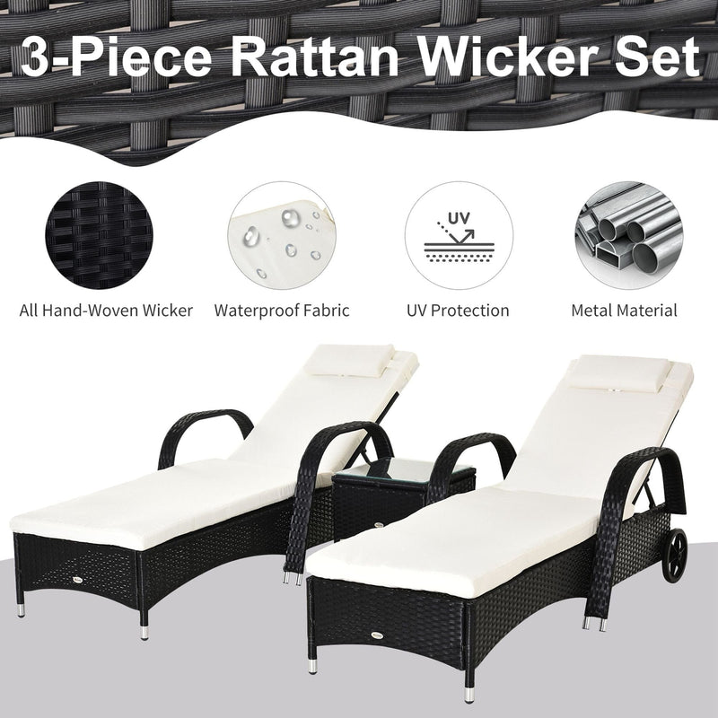 3pc Rattan Garden Lounge Set, Wheeled Loungers, Table