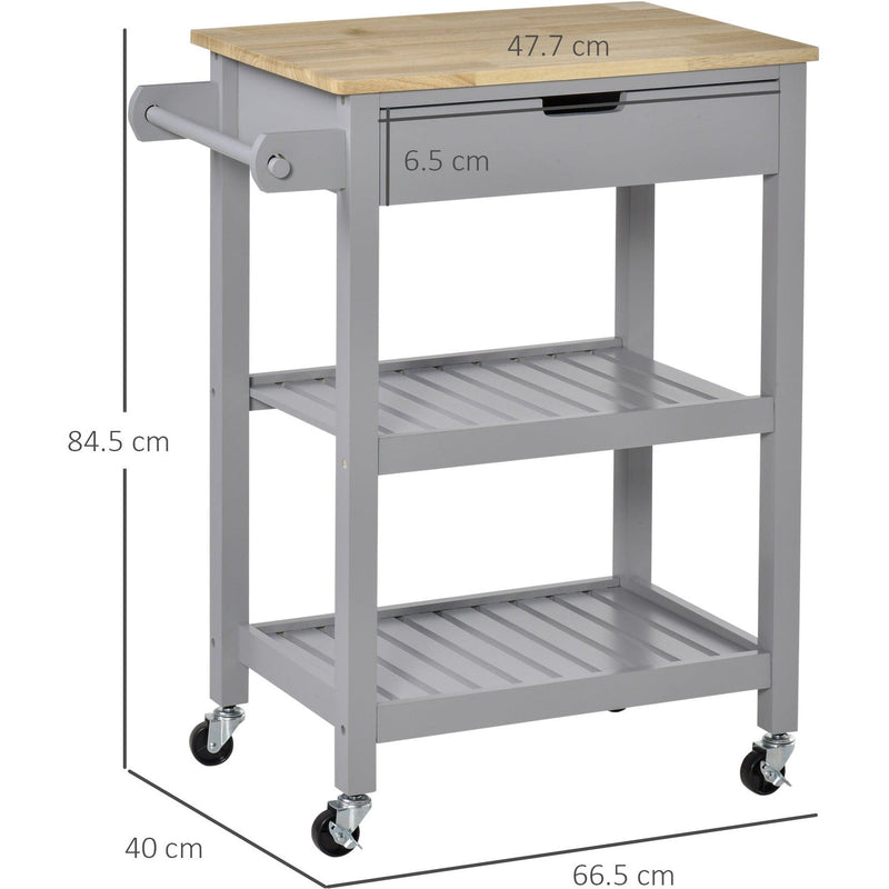 Grey Kitchen Trolley, Rubberwood Worktop, Storage