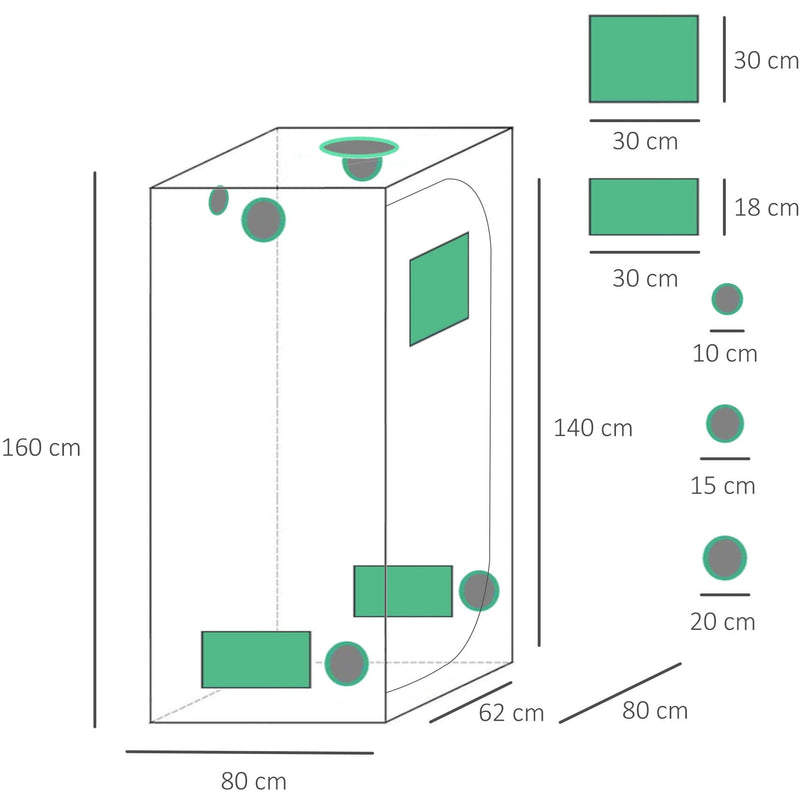Hydroponic Grow Tent, Window, Tool Bag, 80Lx80Wx160H cm