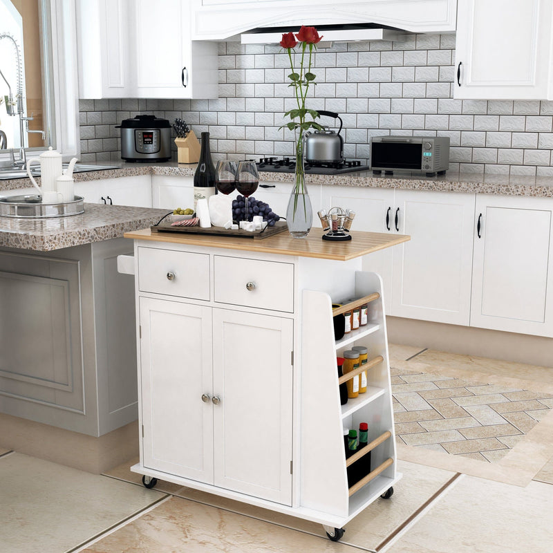 Kitchen Island With Spice Rack, White With Rubber Wood Top
