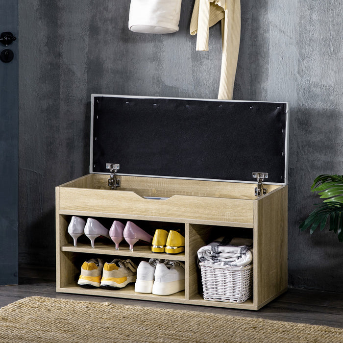 Shoes Cabinet Bench, Padded Seat, Oak Tone