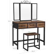Rustic Industrial Dressing Table With Tri-Fold Mirror and Stool by Vasagle