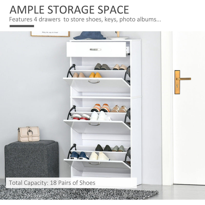 High Gloss Shoe Cabinet, 4 Drawers, 18 Pairs - White