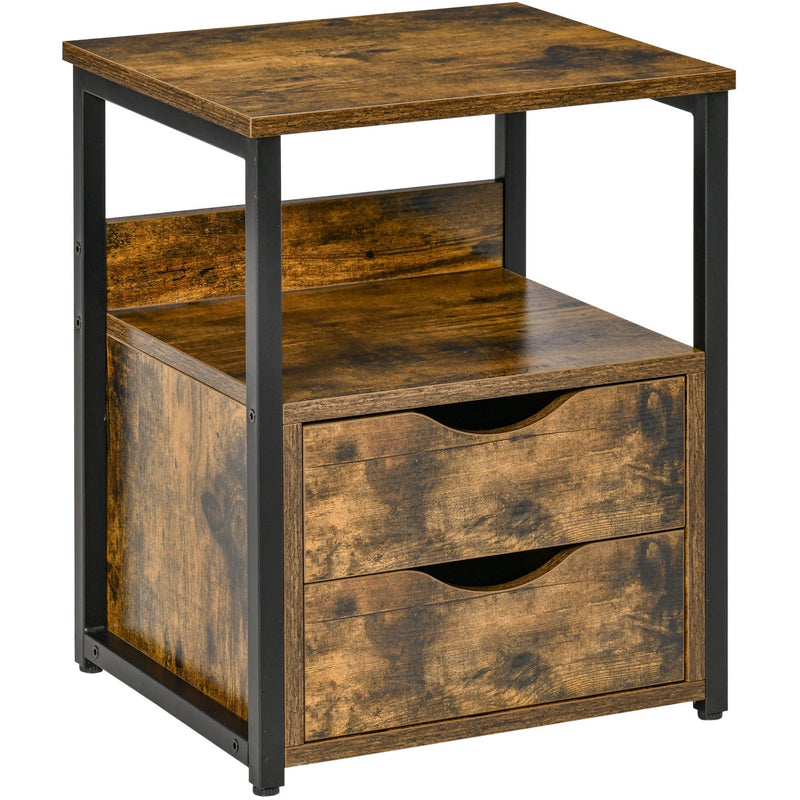 Rustic Industrial Side Table with Drawer, Shelf, Steel Frame