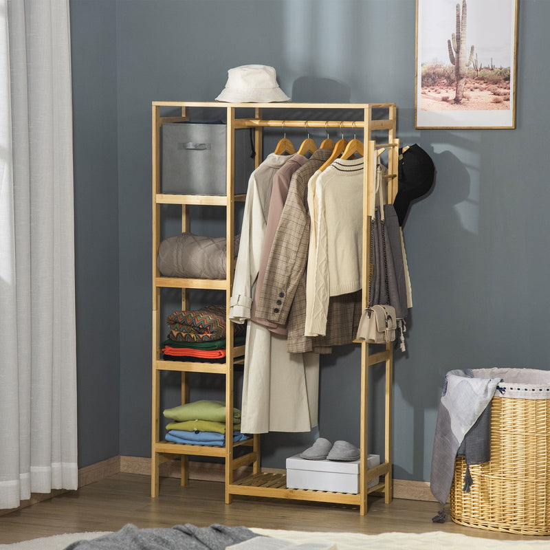 Bamboo Clothes Rack w/ Shelf, Rail & Hooks, Natural